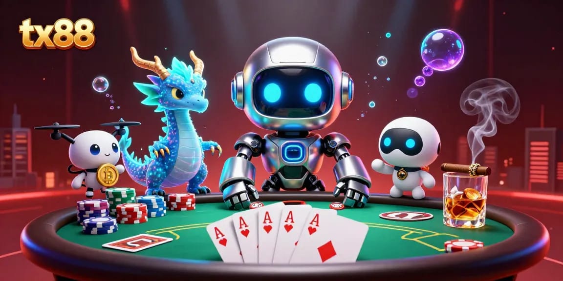 tx88 showcases a vibrant 3D casino scene with poker elements and a crypto drone assistant.