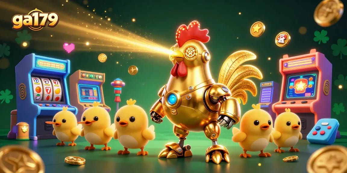 Experience exhilarating gaming action with ga179's golden rooster robot amidst vibrant arcade elements.