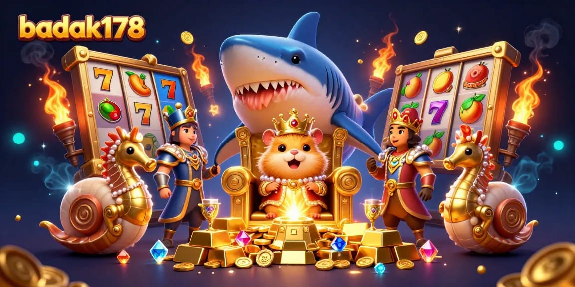 Engage with the vibrant universe of badak178, showcasing a fierce golden hamster king surrounded by riches in this 3D slot-themed illustration.