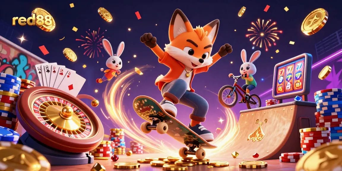 Experience exciting gameplay with red88, featuring a hip skateboarder fox and BMX rabbit in a dynamic casino scene.