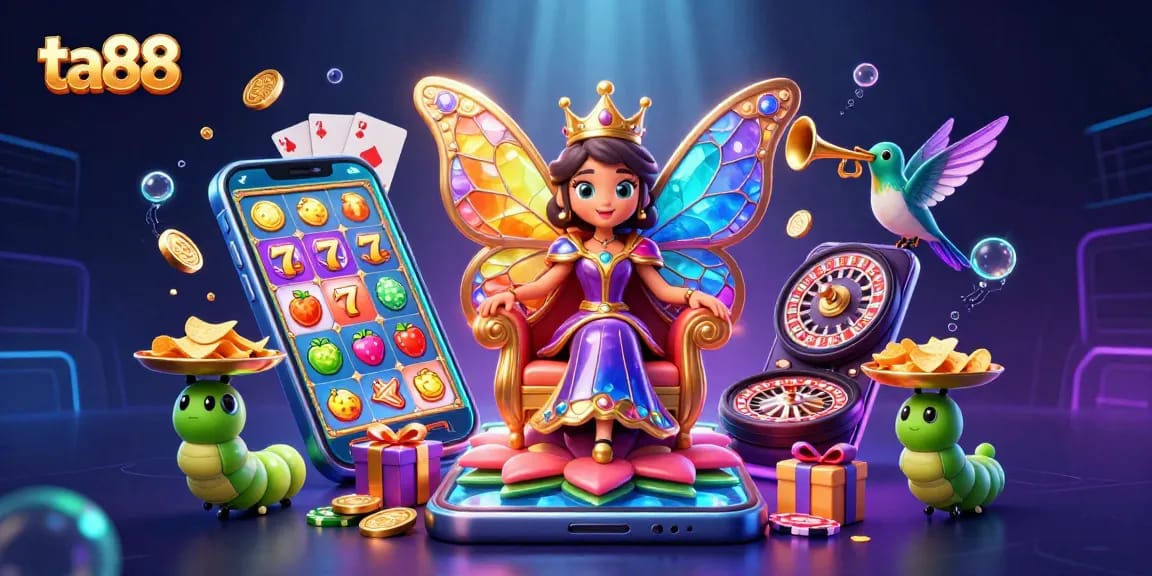 Engage with ta88's vibrant casino world featuring a butterfly queen and dynamic gaming elements.