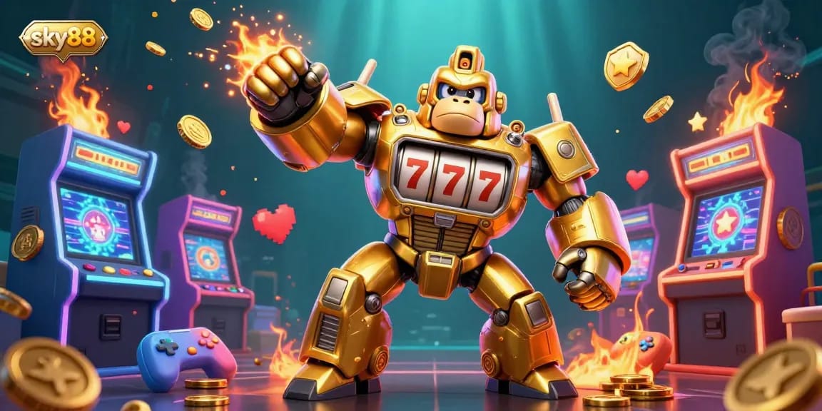 Experience thrilling adventures with sky88 featuring a golden gorilla mech shooting coins in an exciting casino scene.