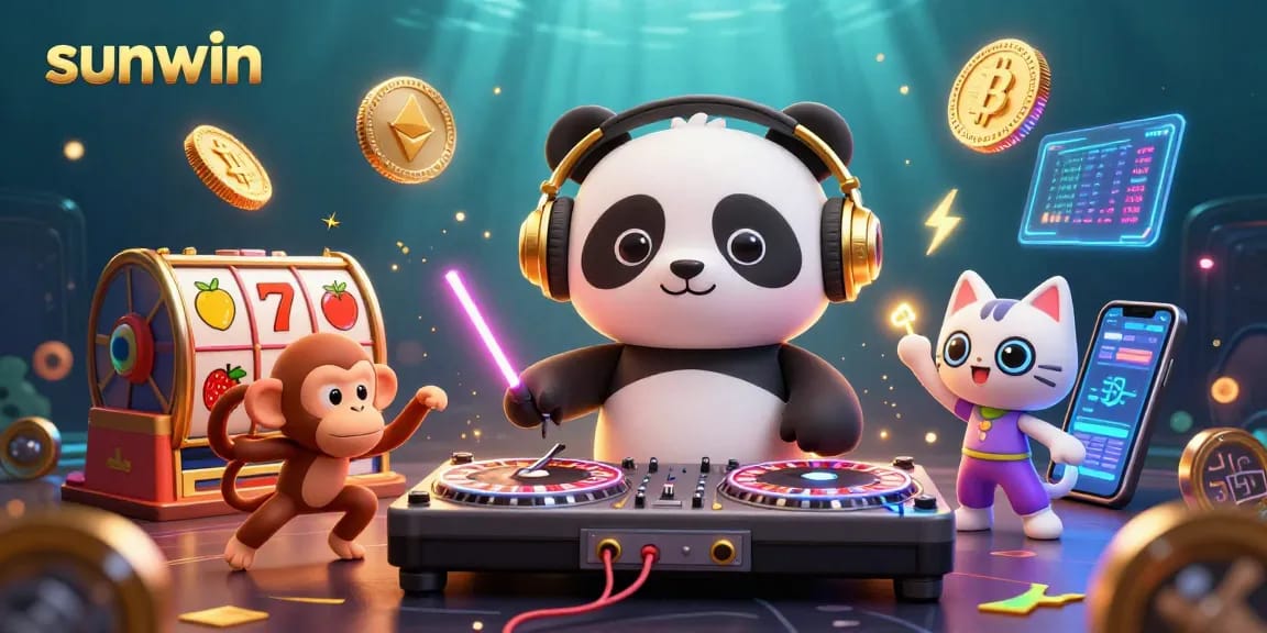 Experience thrilling slots with sunwin's vibrant casino scene, showcasing a DJ panda and breakdancing monkey.