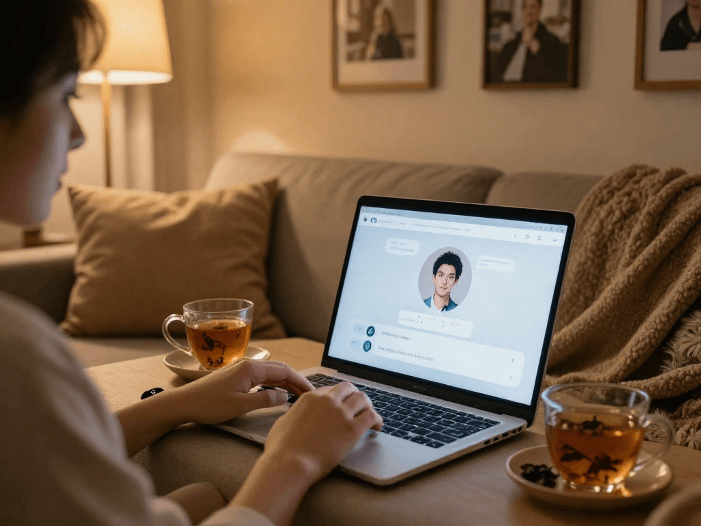 Engaging AI sex chat in a cozy home setting, showcasing warm atmosphere.
