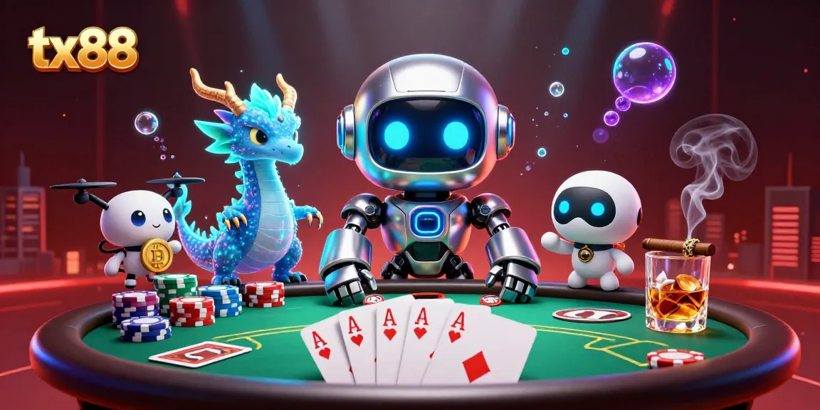tx88 showcases a vibrant 3D casino scene with poker elements and a crypto drone assistant.
