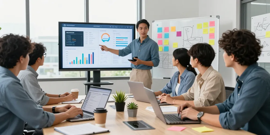Collaborative team using AI marketing tools in a modern office setting, discussing strategies and analytics.