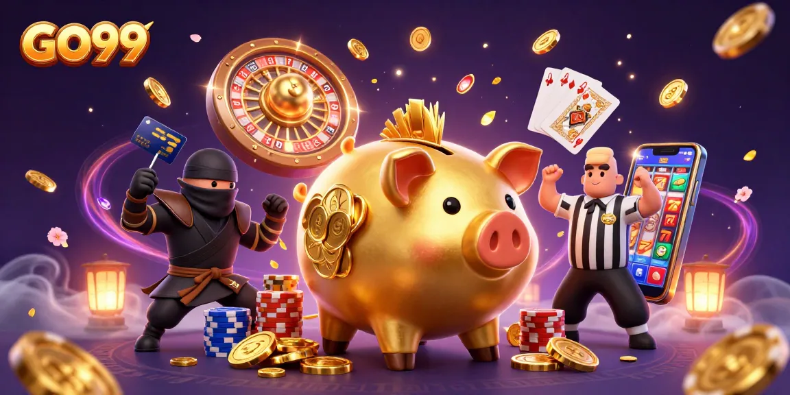 GO99 showcases a dynamic casino scene with vibrant characters and gold coins flying.
