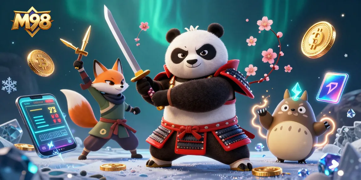 M98 crypto casino illustration featuring samurai panda and ninja fox with dynamic gaming elements.