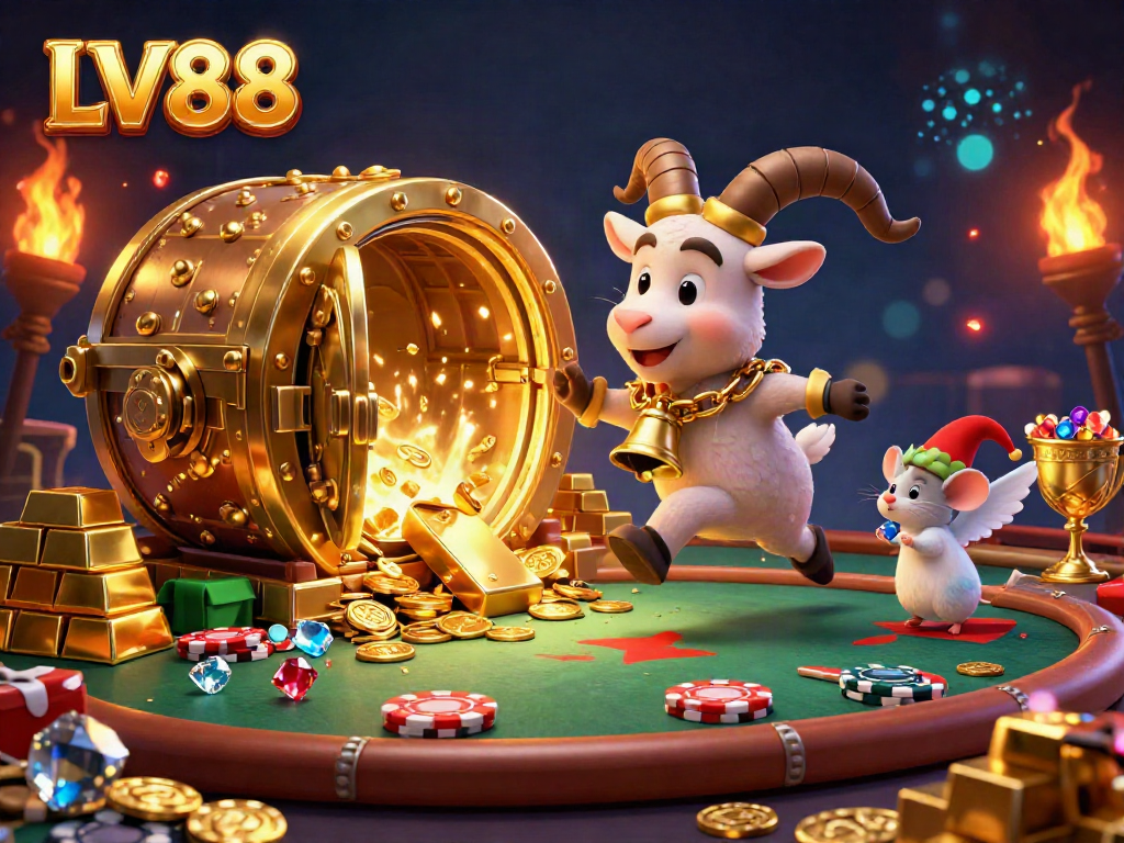 Experience the excitement at LV88's online casino with a festive scene of characters and treasure surrounds.