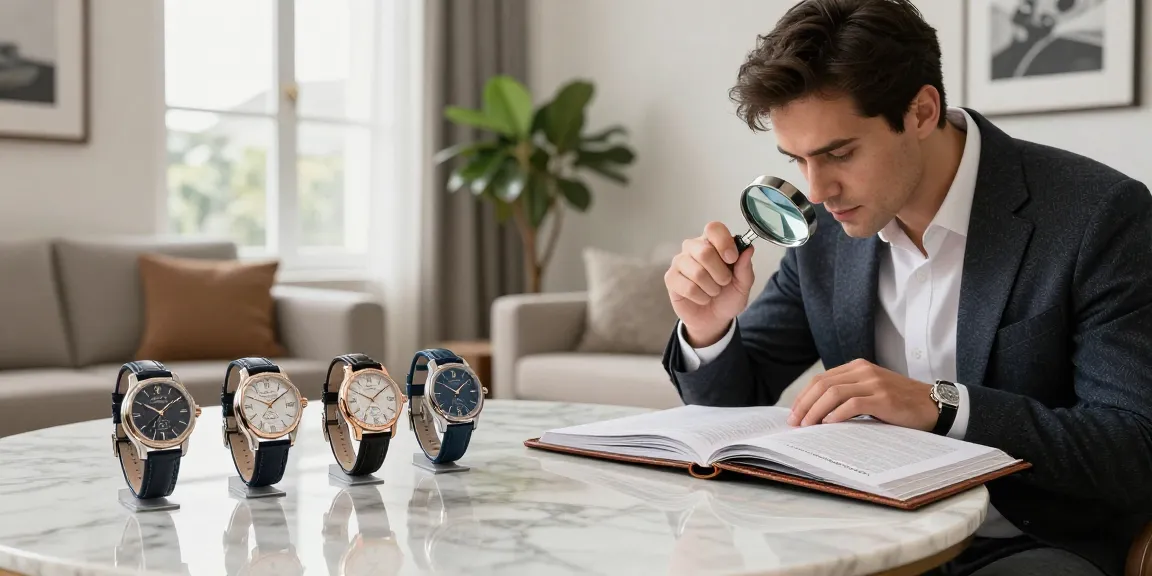 Showcase of super clone watches on a marble table in a luxurious living room.