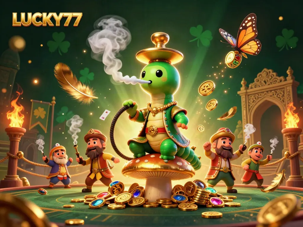 Experience LUCKY77 with a mesmerizing 3D casino illustration featuring vibrant characters and dynamic gaming elements.