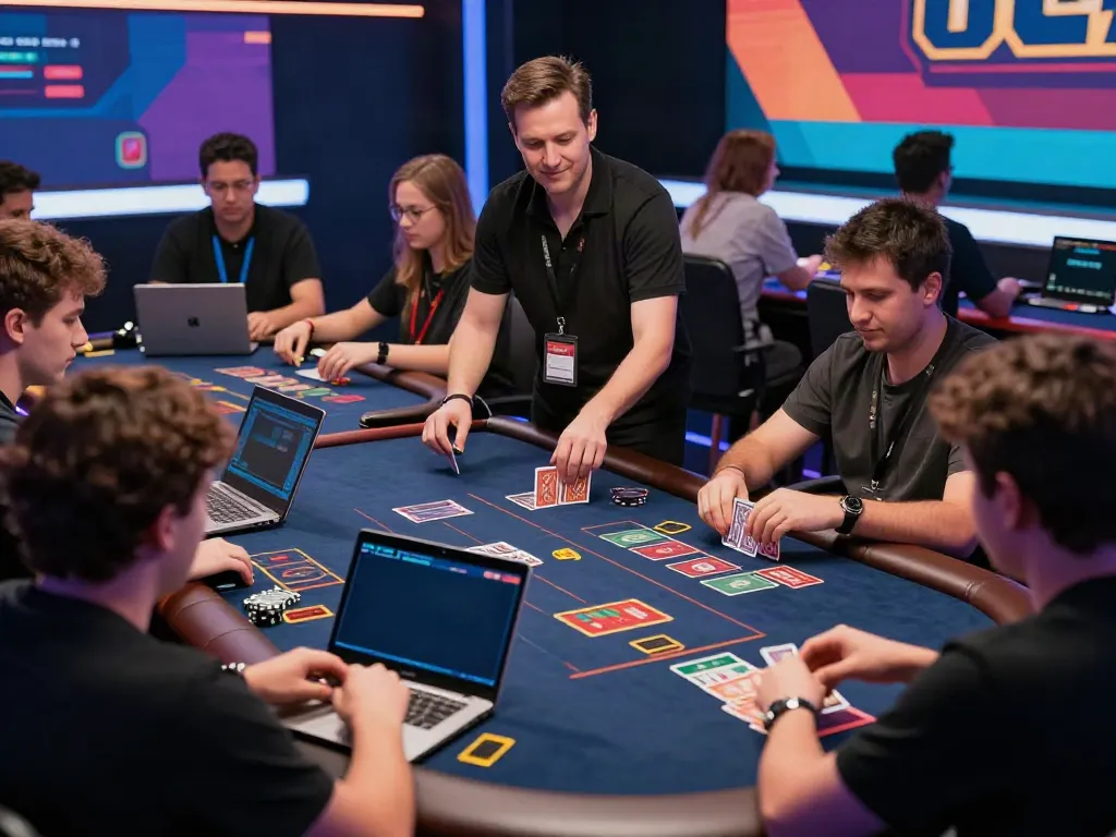 Engaging online casino experience at http://debet-onl.com with players focused on screens and a dealer at work.