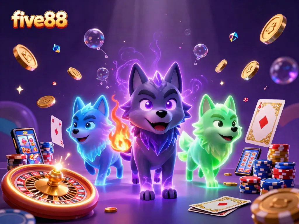 Experience five88's thrilling casino adventure with a dynamic wolf pack leader and vibrant game elements.