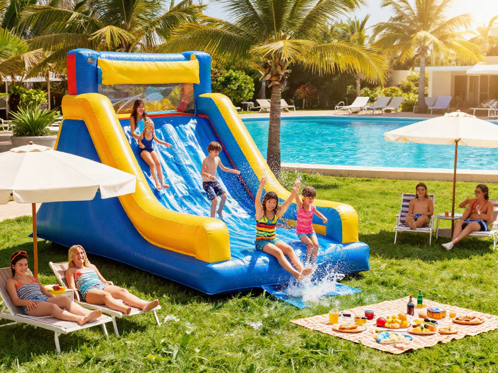 Kids gleefully sliding down an inflatable water slide on a bright summer day, splashing water and enjoying a fun outdoor activity.