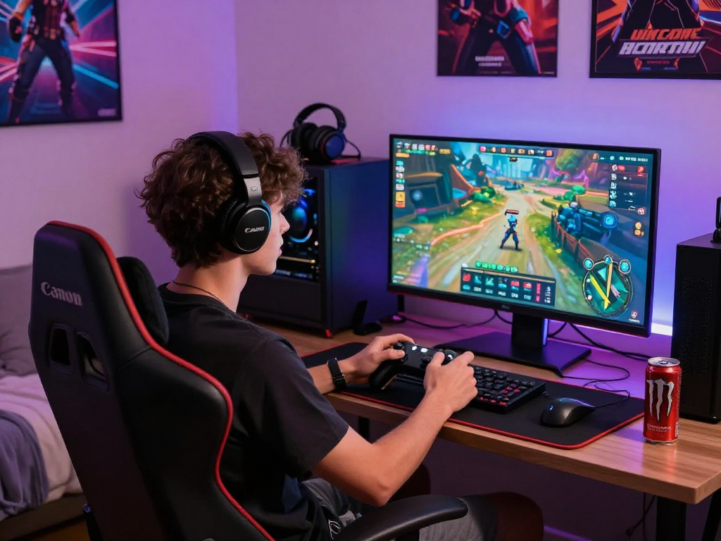 Immersive adult game scene featuring a gamer playing in a cozy bedroom setting.
