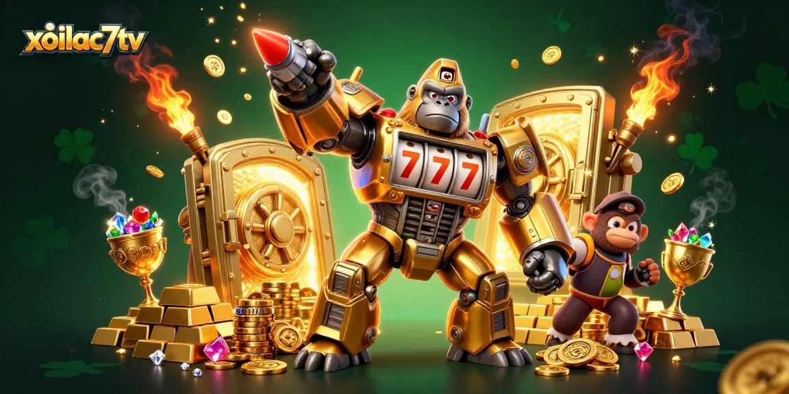 Engage with xoilac7tv's vibrant gaming universe featuring a dynamic gorilla mech and treasure elements.