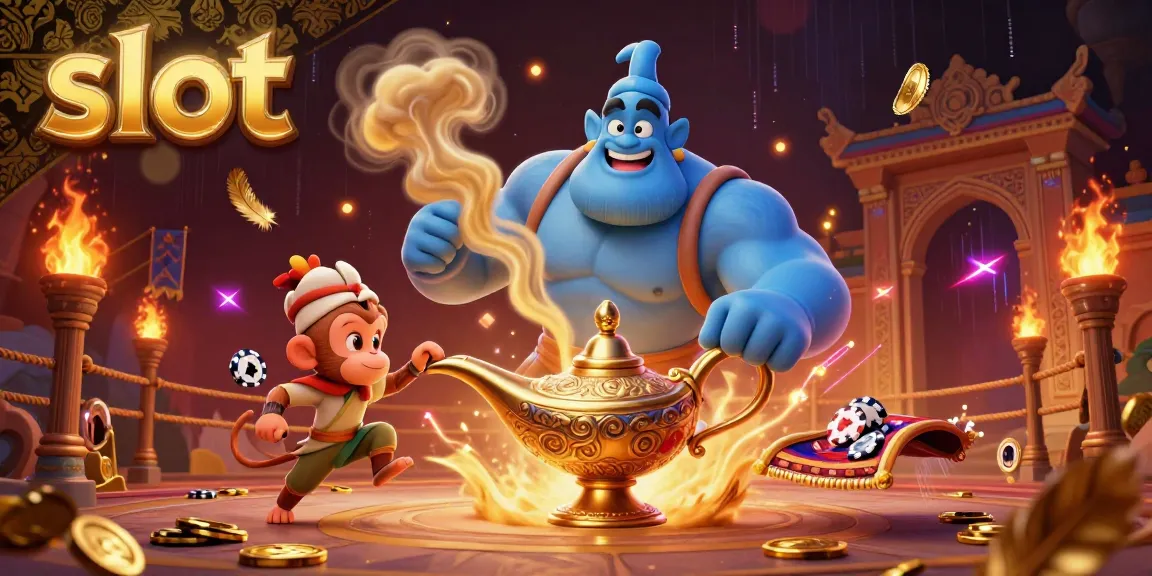 Spin the slot reels with luck, featuring a magical genie, monkey, and poker chips in this vibrant casino scene.