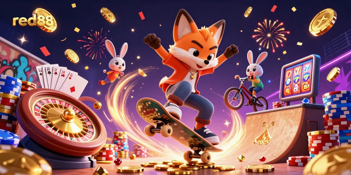 Experience exciting gameplay with red88, featuring a hip skateboarder fox and BMX rabbit in a dynamic casino scene.