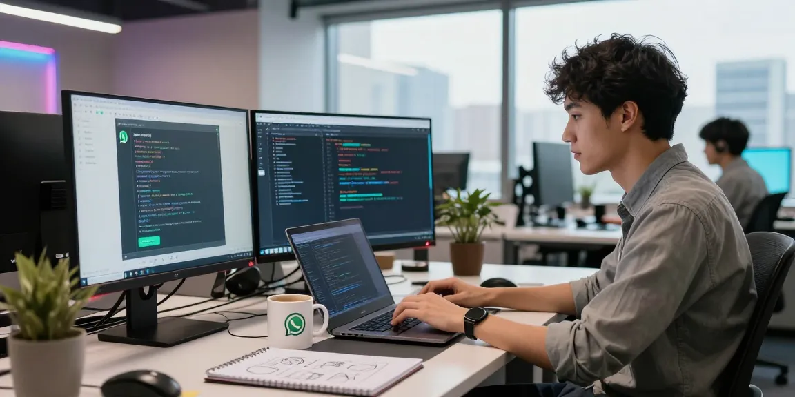 Developer coding WhatsApp下載 on multiple screens in a modern office.