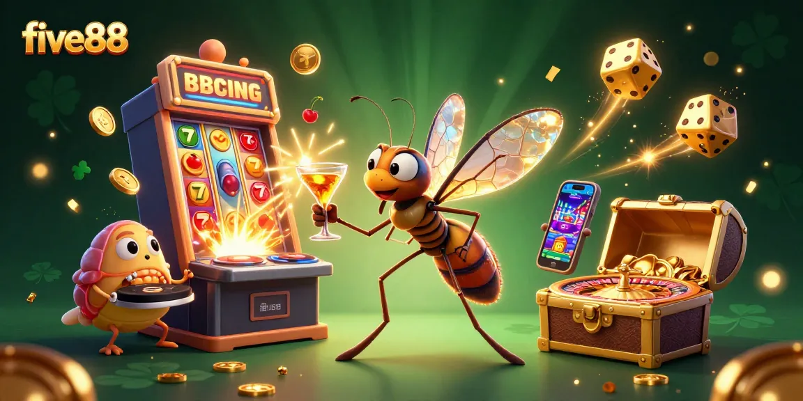 Experience the excitement of five88 as the frozen mosquito mascot showcases a lively casino scene.