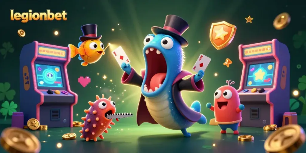Experience thrilling magic at legionbet with cartoon characters performing incredible tricks in a vibrant casino scene.
