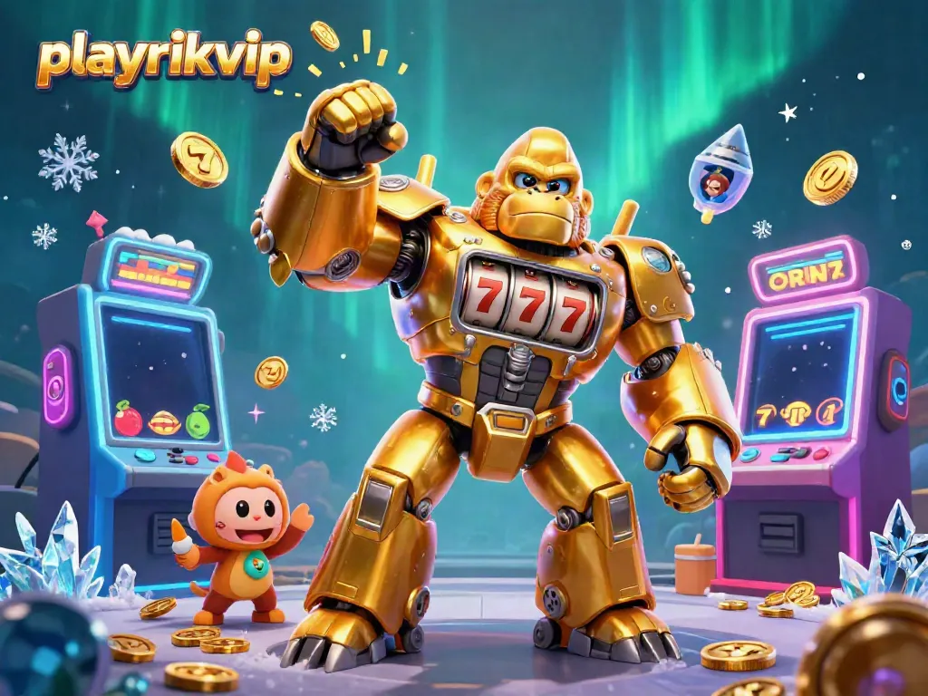 Playrikvip slots come alive with a golden gorilla mech and spinning reels in this vibrant illustration.