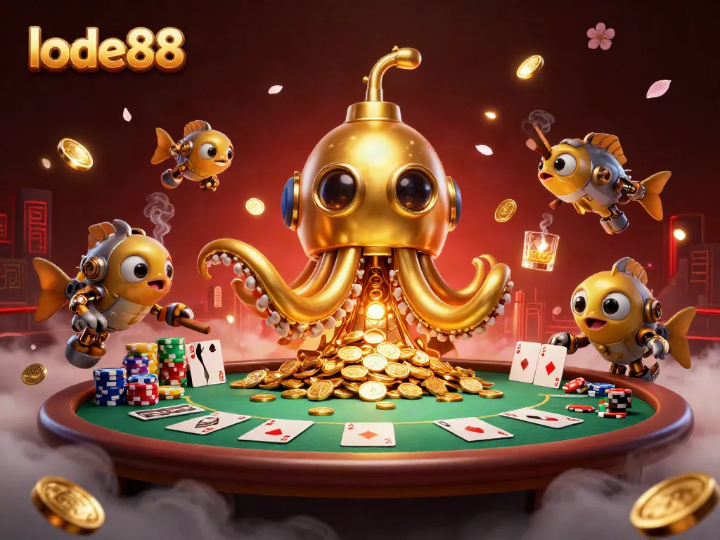 Experience the thrilling world of lode88 with a vibrant, immersive casino scene featuring a golden kraken and poker elements.