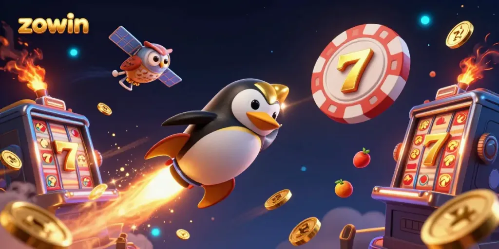 Experience the thrill of zowin with a golden penguin soaring towards a casino in a vibrant space scene.