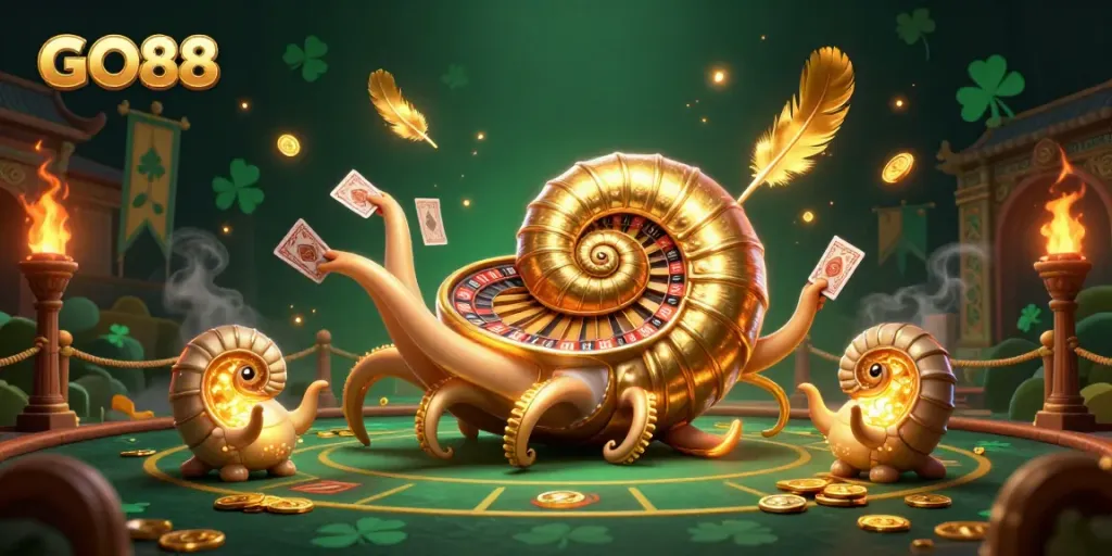 Experience exciting gameplay at GO88 with a giant nautilus roulette wheel and glowing card hands amidst a dynamic casino atmosphere.
