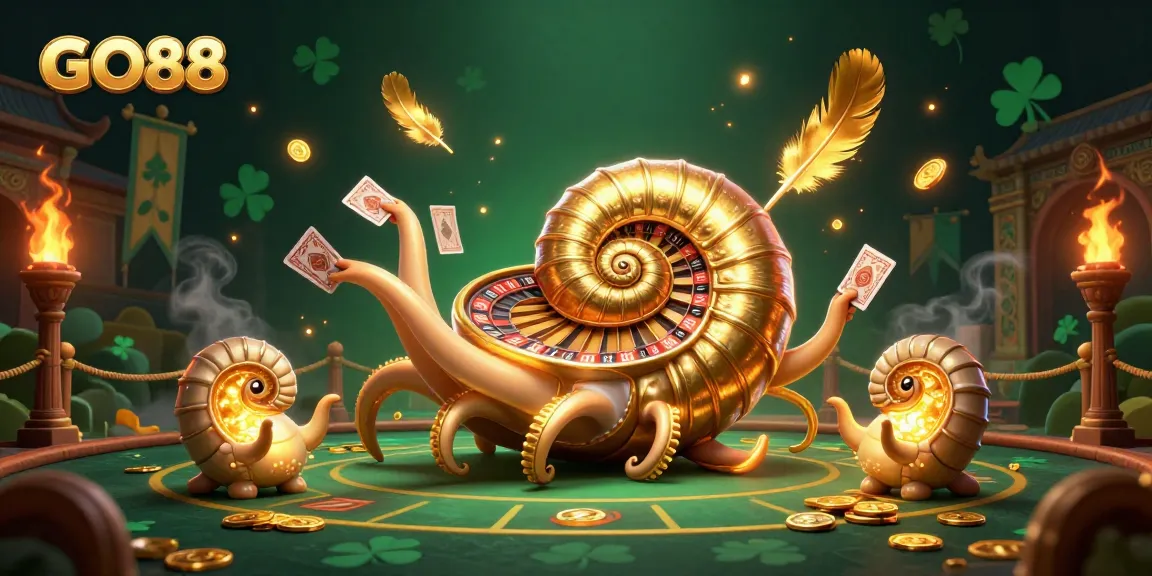 Experience exciting gameplay at GO88 with a giant nautilus roulette wheel and glowing card hands amidst a dynamic casino atmosphere.