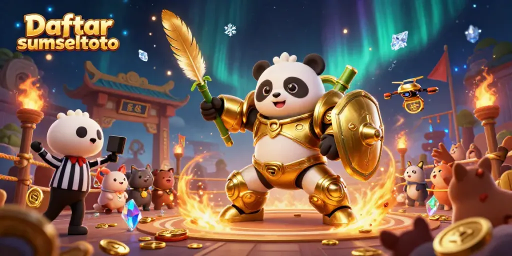 Engage in the thrills of Daftar sumseltoto with an exciting 3D casino arena scene showcasing a golden panda robot and cheering animal fans.