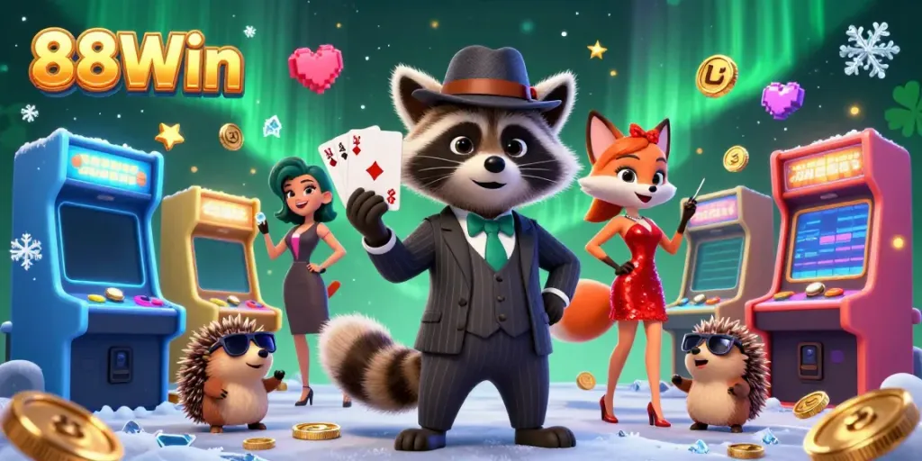 Join the fun at 88Win with raccoon, fox, and hedgehog characters celebrating casino games.