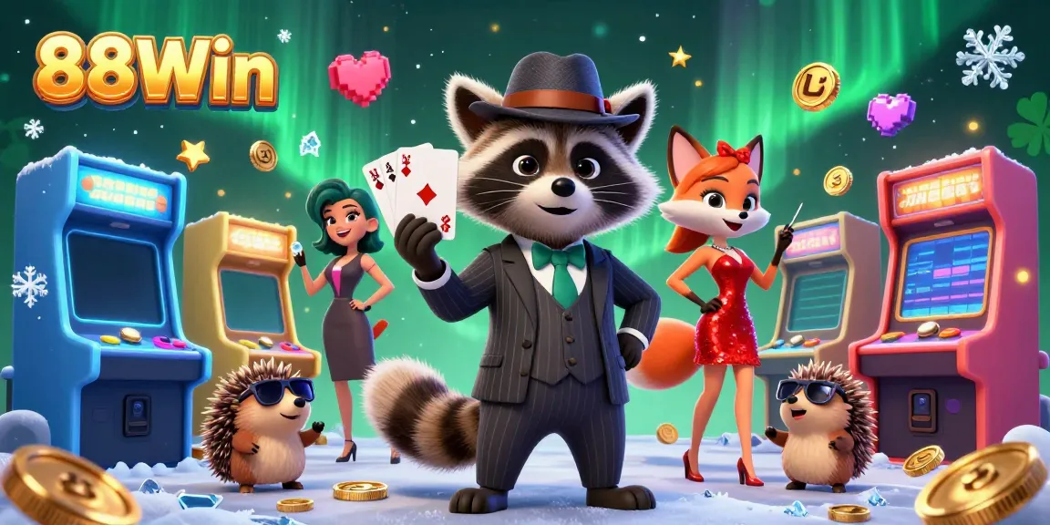 Join the fun at 88Win with raccoon, fox, and hedgehog characters celebrating casino games.