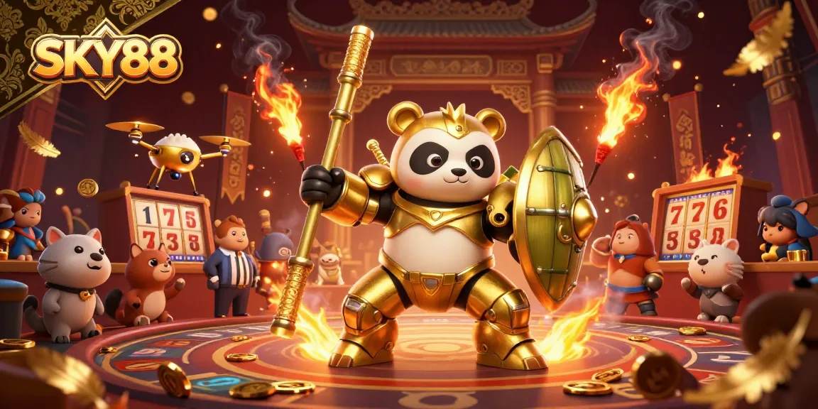 Engage in thrilling wins at SKY88's vibrant casino with a dynamic golden panda robot.