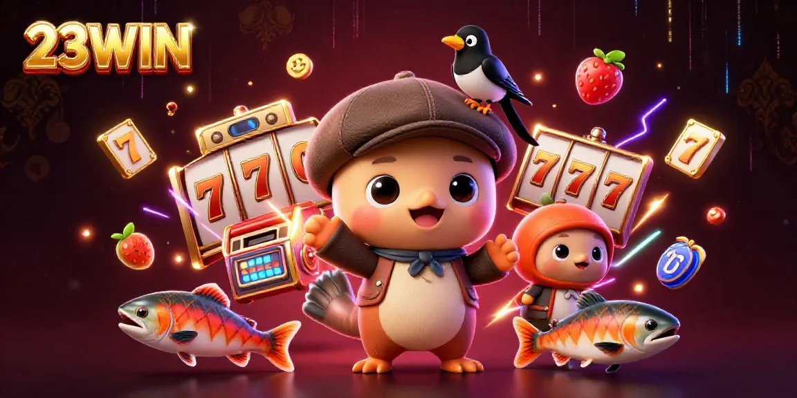 Experience thrilling slot games with 23WIN in this vibrant 3D casino scene.