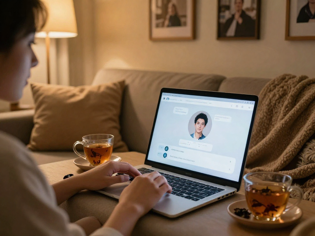 Engaging AI sex chat in a cozy home setting, showcasing warm atmosphere.
