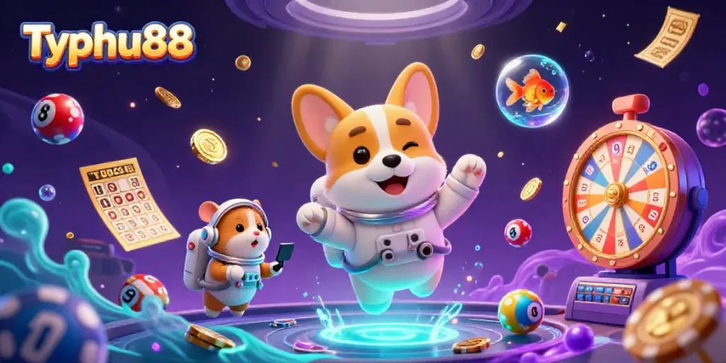 Experience exciting gameplay with Typhu88 in a vibrant, cosmic casino scene filled with floating prizes.