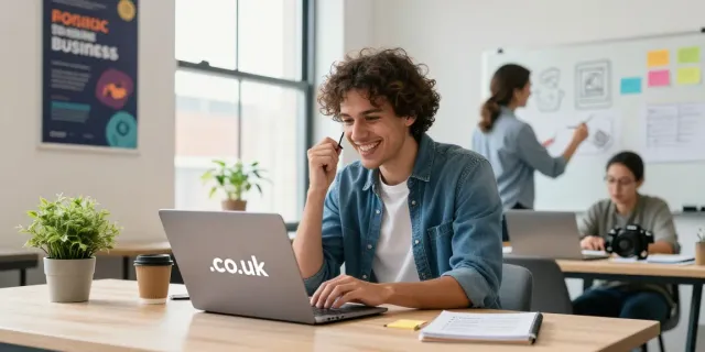 Entrepreneur engaged in .co.uk domain registration in a modern workspace.