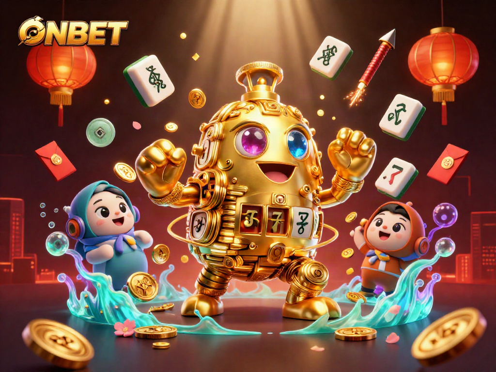 Engage with ONBET's immersive gaming scene featuring slot reels and festive elements.