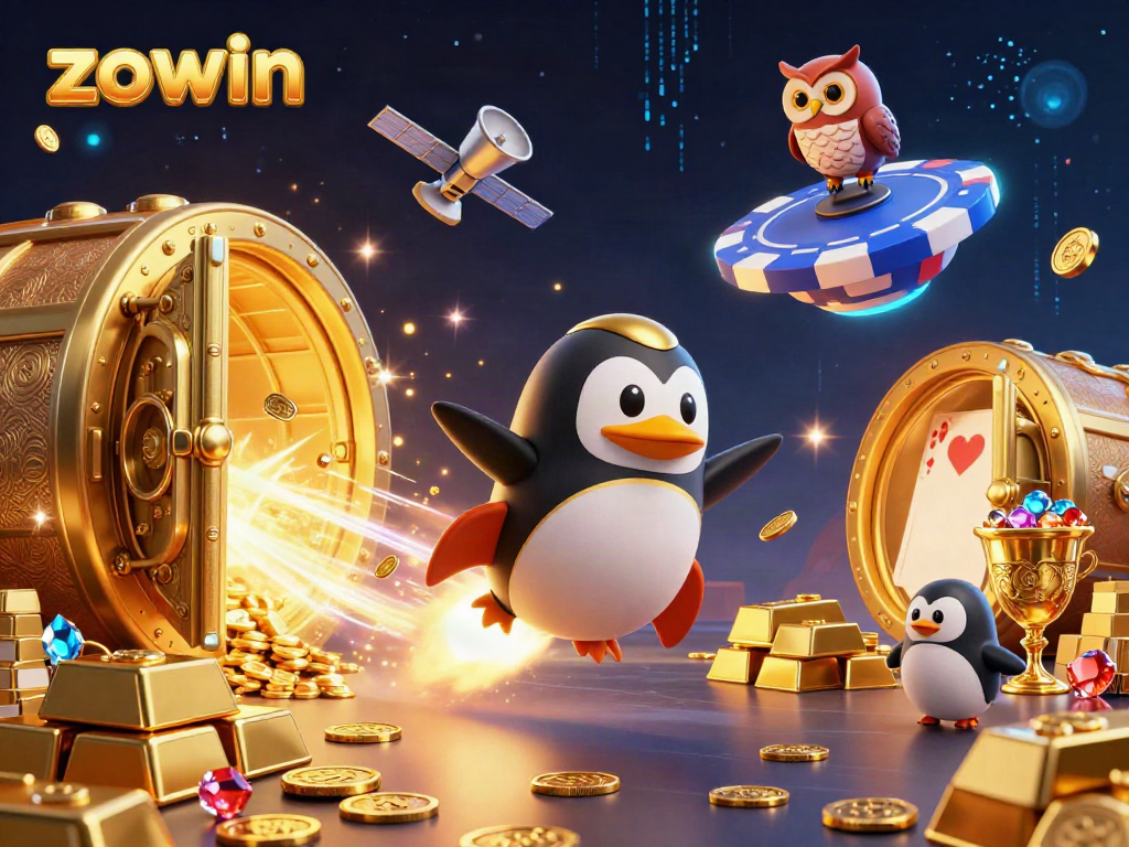 Witness the zowin rocket penguin racing toward a vibrant casino, surrounded by treasures and glowing energy.