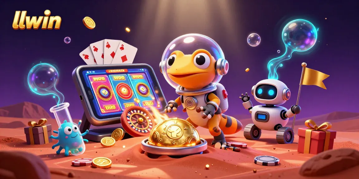 llwin presents a Martian gecko exploring a golden casino, showcasing exciting slot games and casino excitement.
