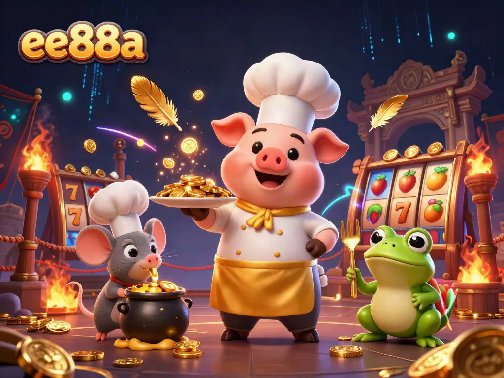 Experience ee88a's gaming excitement with gold coins, a chef pig, and vibrant slot elements in a lively scene.