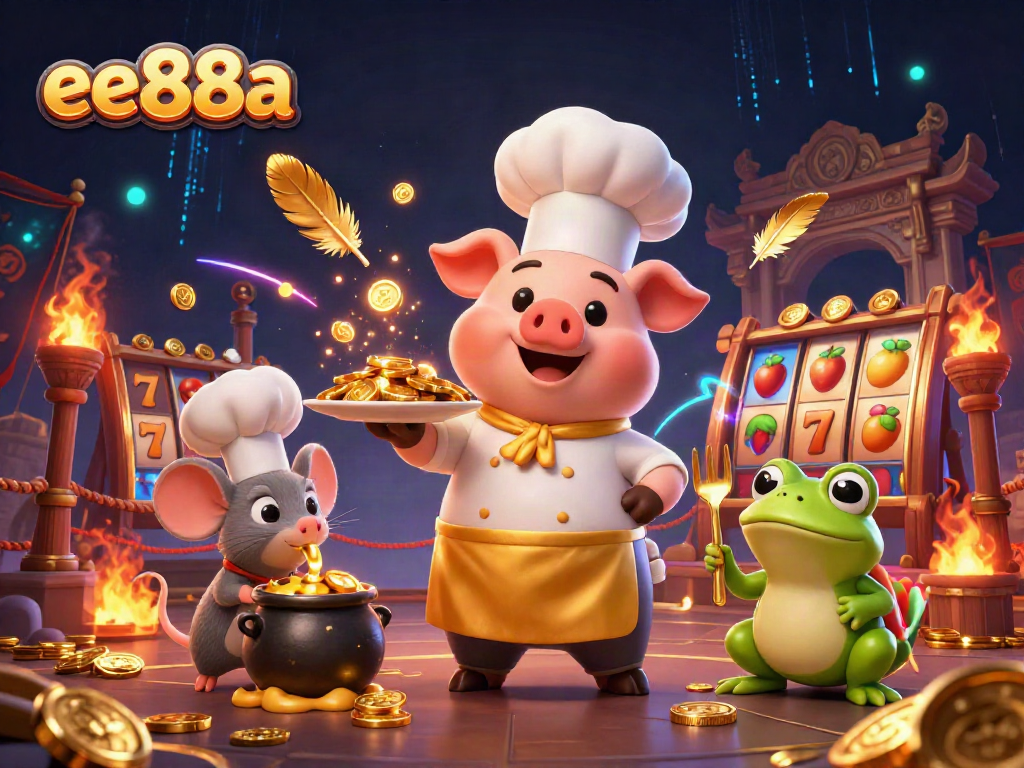 Experience ee88a's gaming excitement with gold coins, a chef pig, and vibrant slot elements in a lively scene.