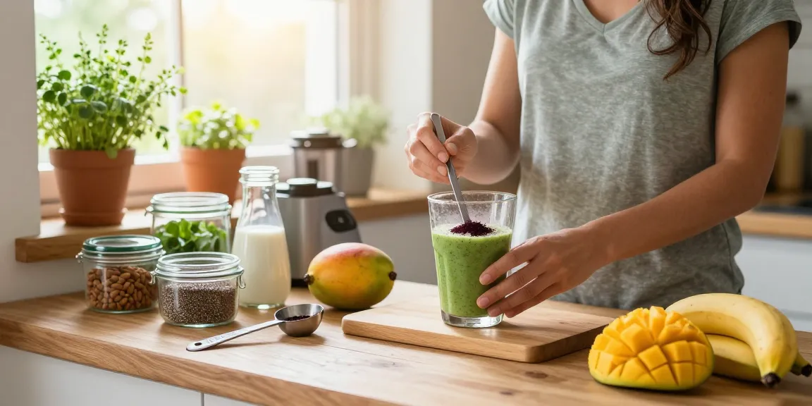 Camu camu powder being blended into a smoothie in a bright kitchen emphasizing health and wellness.