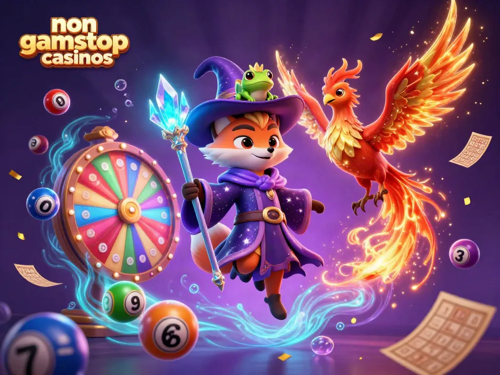Experience the vibrant world of non gamstop casinos with a mystical wizard fox and phoenix in a dynamic casino scene.