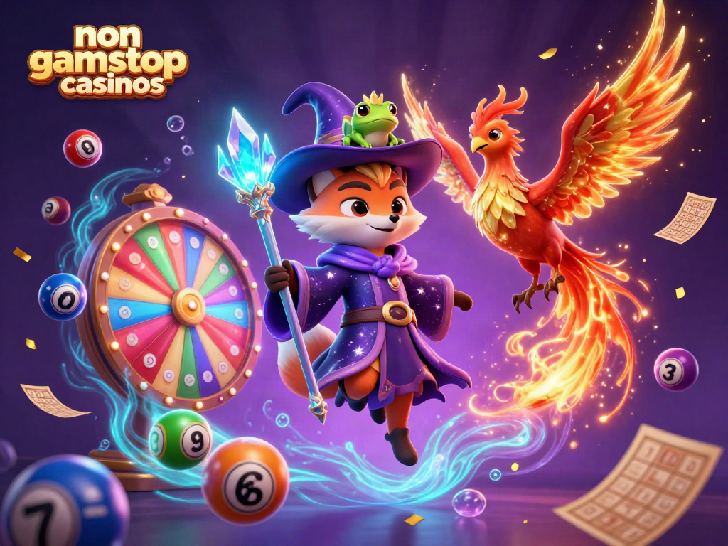 Experience the vibrant world of non gamstop casinos with a mystical wizard fox and phoenix in a dynamic casino scene.