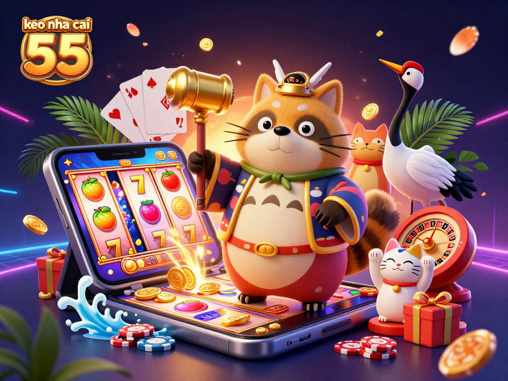 Experience thrilling excitement with keo nha cai 55 in this vibrant casino-themed illustration showcasing popular slot game elements.