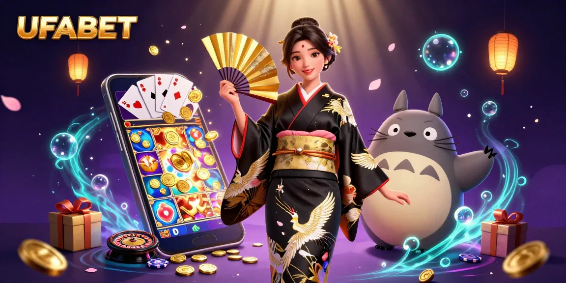 Win big with UFABET at this vibrant casino illustration featuring games and characters in action.