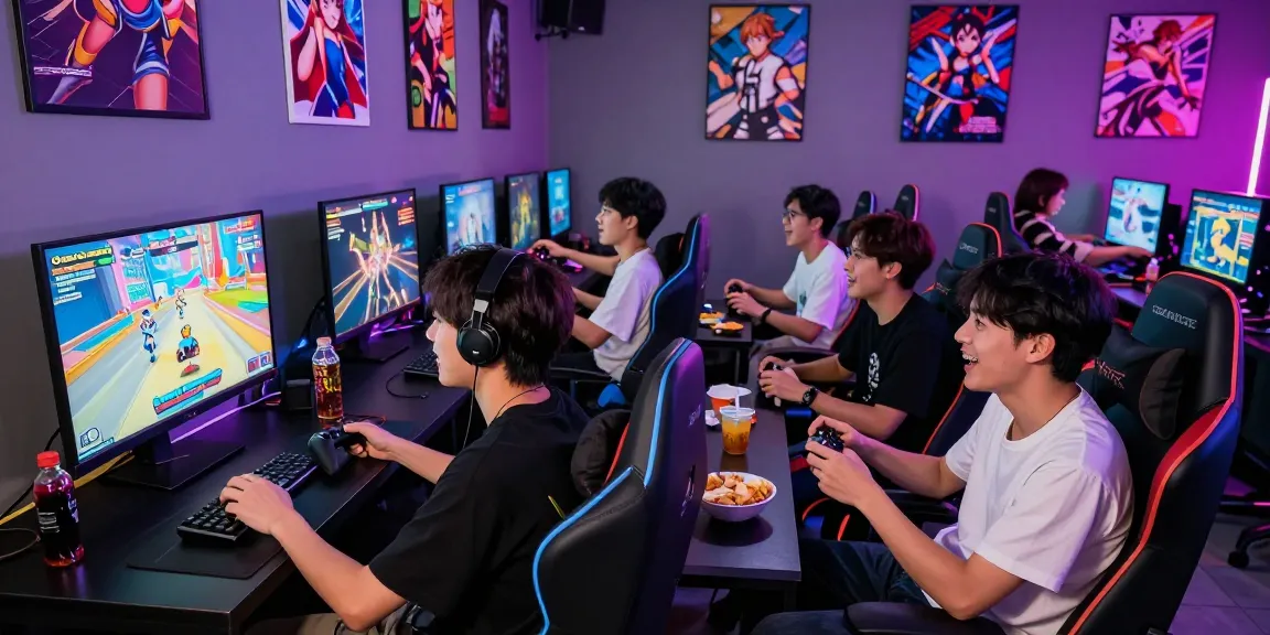 Group of gamers enjoying ecchi games in vibrant gaming lounge atmosphere.