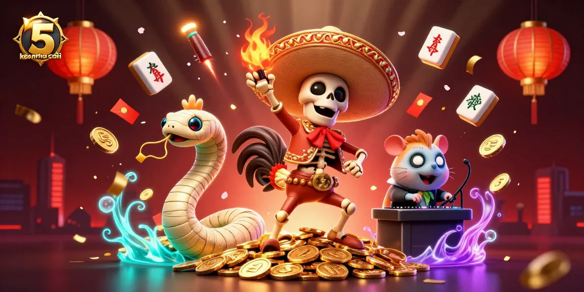 Experience keo nha cai 5 with a vibrant victory dance scene featuring a mariachi rooster, mummy snake, and DJ hamster.